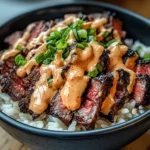 Korean BBQ Steak Rice Bowls with Spicy Cream Sauce